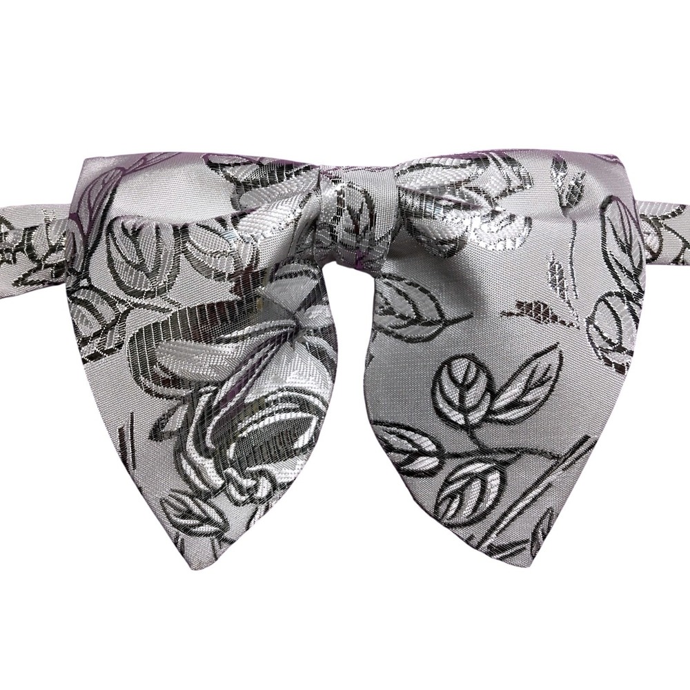 Handmade Oversized Silver Floral Bow tie Vintage style 70s Wedding Prom Gift